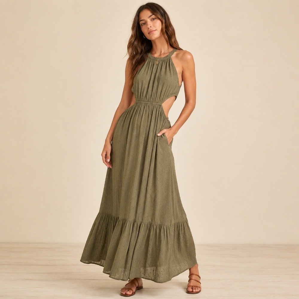 AQUA Olive Green Swiss Dot Halter Maxi Dress Side Cutout Boho Festival Prairie S - Picture 10 of 10